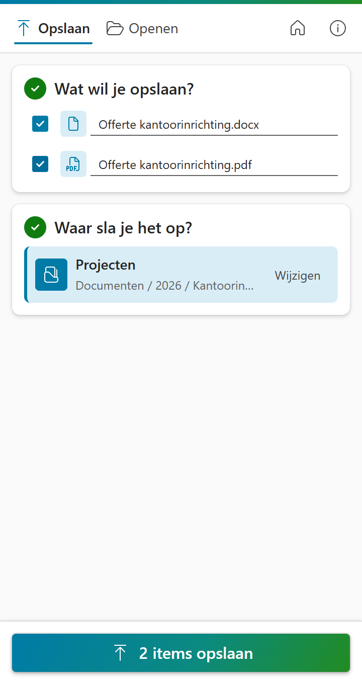 Document en pdf aangevinkt, map gekozen